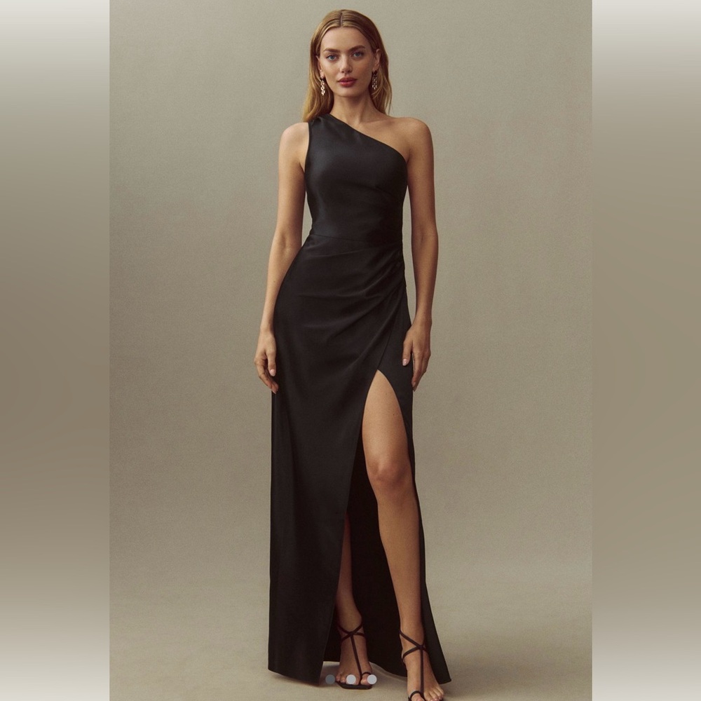 BHLDN for Anthropologie Elegant Black One-Shoulder Dress with Slit, Size 2